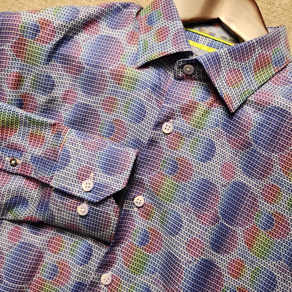 Visconti Black Button Up Shirt Mens L Blue Multi Color Geometric Polka Dot Print